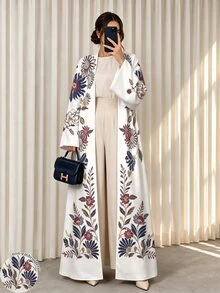 SHEIN Najma 女款仿刺繡花卉印花阿巴雅長袍，秋冬時尚開襟寬袖喇叭袖直筒長版外衣，適合日常街頭穿搭、晚宴派對造型 - 彩色 - 查看 1
