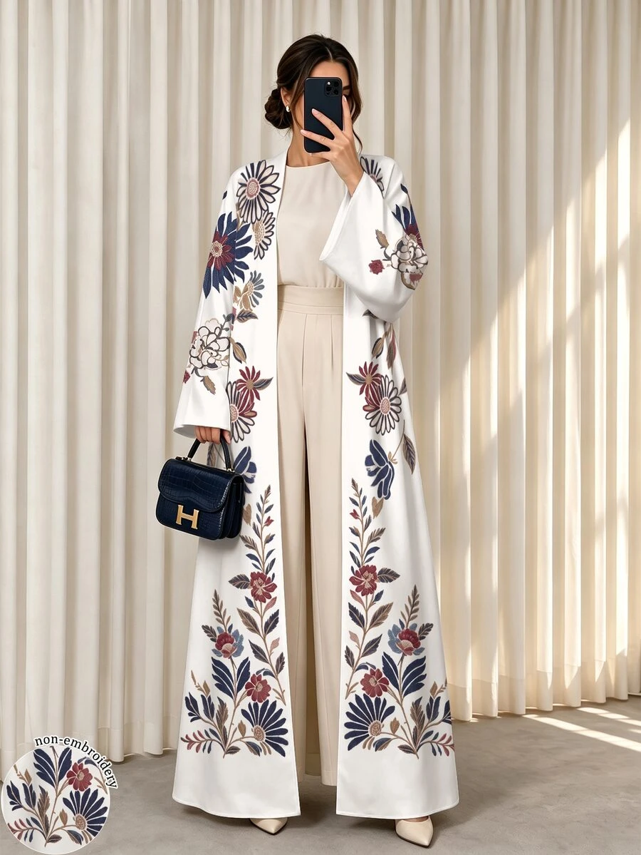 SHEIN Najma 女款仿刺繡花卉印花阿巴雅長袍,秋冬時尚開襟寬袖喇叭袖直筒長版外衣,適合日常街頭穿搭、晚宴派對造型 - 彩色 - 查看 1