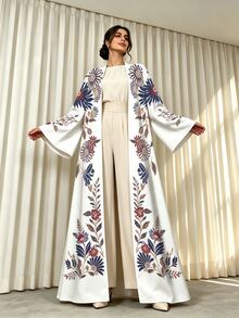 SHEIN Najma 女款仿刺繡花卉印花阿巴雅長袍，秋冬時尚開襟寬袖喇叭袖直筒長版外衣，適合日常街頭穿搭、晚宴派對造型 - 彩色 - 查看 5