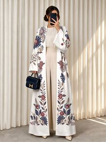 SHEIN Najma 女款仿刺繡花卉印花阿巴雅長袍，秋冬時尚開襟寬袖喇叭袖直筒長版外衣，適合日常街頭穿搭、晚宴派對造型 - 彩色 - 查看 3