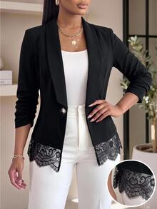 SHEIN Lady Plus Size Women Solid Color Shawl Collar Single Button Casual Elegant Blazer Office Formal Black Summer - Black - View 1