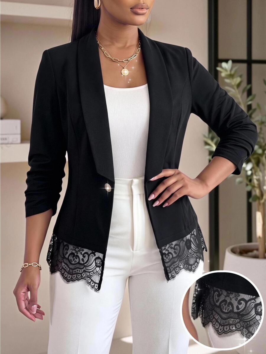 SHEIN Lady Plus Size Women Solid Color Shawl Collar Single Button Casual Elegant Blazer Office Formal Black Summer - Black - View 1