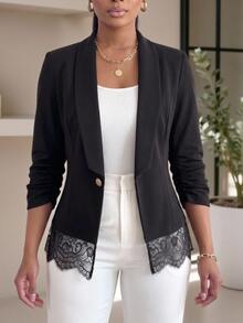 SHEIN Lady Plus Size Women Solid Color Shawl Collar Single Button Casual Elegant Blazer Office Formal Black Summer - Black - View 3
