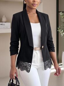 SHEIN Lady Plus Size Women Solid Color Shawl Collar Single Button Casual Elegant Blazer Office Formal Black Summer - Black - View 4