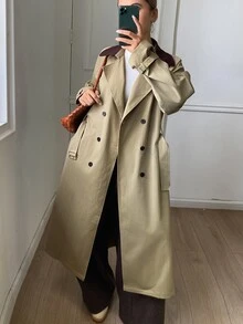 Livesso Autumn/Winter Army Green Lapel Button Long Sleeve Belted Pocket Decor Mid-Length Women's Trench Coat Jacket - Army Green - View 3
