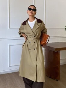 Livesso Autumn/Winter Army Green Lapel Button Long Sleeve Belted Pocket Decor Mid-Length Women's Trench Coat Jacket - Army Green - View 6