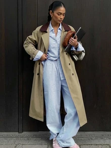 Livesso Autumn/Winter Army Green Lapel Button Long Sleeve Belted Pocket Decor Mid-Length Women's Trench Coat Jacket - Army Green - View 7