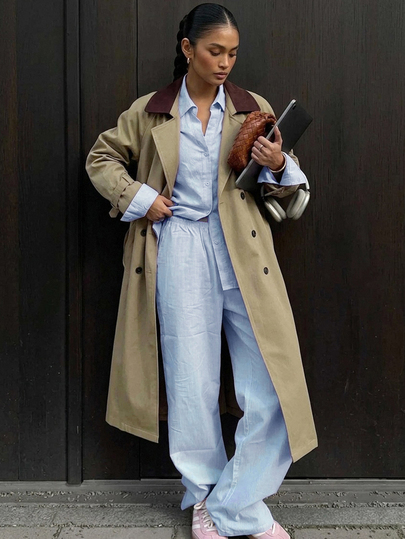 Livesso Autumn/Winter Army Green Lapel Button Long Sleeve Belted Pocket Decor Mid-Length Women's Trench Coat Jacket