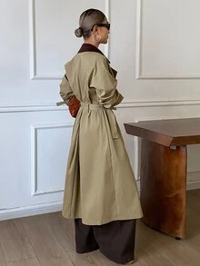 Livesso Autumn/Winter Army Green Lapel Button Long Sleeve Belted Pocket Decor Mid-Length Women's Trench Coat Jacket - Army Green - View 2