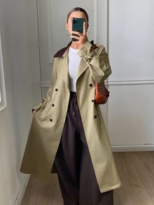 Livesso Autumn/Winter Army Green Lapel Button Long Sleeve Belted Pocket Decor Mid-Length Women's Trench Coat Jacket - Army Green - View 4