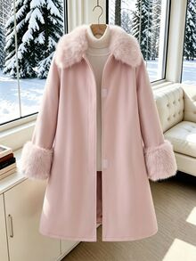 SHEIN 女童休閒時尚經典優雅編織羊毛混紡面料大衣，時尚毛領與毛絨袖口，寬鬆舒適，適合秋冬日常通勤、戶外玩耍、出遊、聚會、攝影、婚禮派對 - 淺粉色 - 查看 1