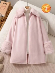 SHEIN 女童休閒時尚經典優雅編織羊毛混紡面料大衣，時尚毛領與毛絨袖口，寬鬆舒適，適合秋冬日常通勤、戶外玩耍、出遊、聚會、攝影、婚禮派對 - 淺粉色 - 查看 7