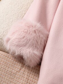 SHEIN 女童休閒時尚經典優雅編織羊毛混紡面料大衣，時尚毛領與毛絨袖口，寬鬆舒適，適合秋冬日常通勤、戶外玩耍、出遊、聚會、攝影、婚禮派對 - 淺粉色 - 查看 3