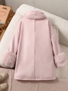 SHEIN 女童休閒時尚經典優雅編織羊毛混紡面料大衣，時尚毛領與毛絨袖口，寬鬆舒適，適合秋冬日常通勤、戶外玩耍、出遊、聚會、攝影、婚禮派對 - 淺粉色 - 查看 6