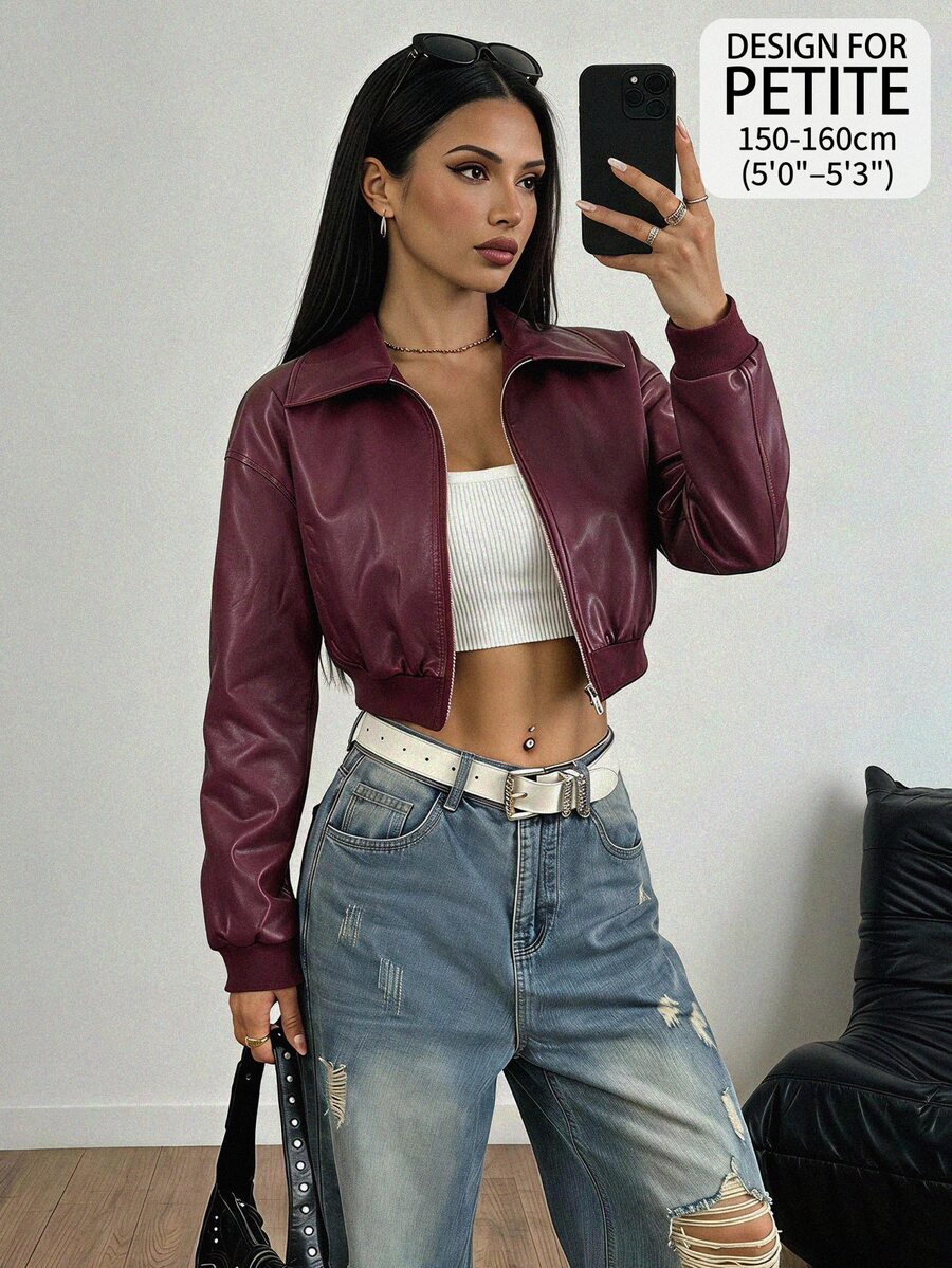 SHEIN PETITE Women's Autumn Streetwear Date Night Office Wear Vintage Red Leather Short Jacket - Burgundy - View 1