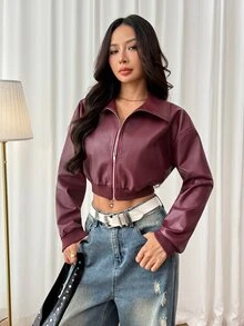 SHEIN PETITE Women's Autumn Streetwear Date Night Office Wear Vintage Red Leather Short Jacket - Burgundy - View 4