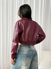 SHEIN PETITE Women's Autumn Streetwear Date Night Office Wear Vintage Red Leather Short Jacket - Burgundy - View 2