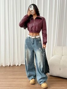 SHEIN PETITE Women's Autumn Streetwear Date Night Office Wear Vintage Red Leather Short Jacket - Burgundy - View 3
