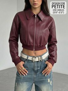 SHEIN PETITE Women's Autumn Streetwear Date Night Office Wear Vintage Red Leather Short Jacket - Burgundy - View 5