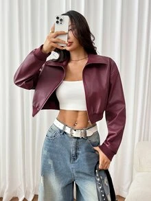 SHEIN PETITE Women's Autumn Streetwear Date Night Office Wear Vintage Red Leather Short Jacket - Burgundy - View 7