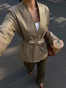 Livesso Women's Fashion Commuter Belted Jacket Fall - Green - View 7
