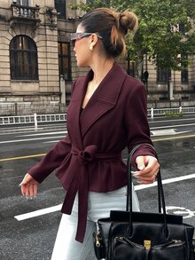 Livesso Women's Solid Color Long Sleeve Waist Tie Elegant Overcoat Fall - Burgundy - View 3