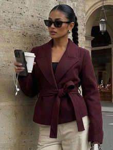Livesso Women's Solid Color Long Sleeve Waist Tie Elegant Overcoat Fall - Burgundy - View 1