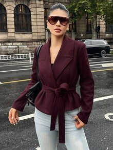 Livesso Women's Solid Color Long Sleeve Waist Tie Elegant Overcoat Fall - Burgundy - View 7