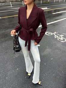 Livesso Women's Solid Color Long Sleeve Waist Tie Elegant Overcoat Fall - Burgundy - View 4