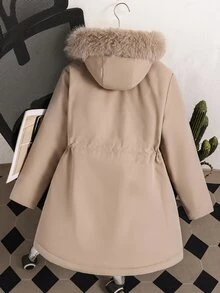 SHEIN 少女休閒時尚梭織布長款連帽填充外套，對比色毛領，大尺寸工裝3D口袋，寬鬆版型，舒適適合秋冬日常通勤、戶外玩耍、外出、聚會與拍照 - 卡其色 - 查看 7