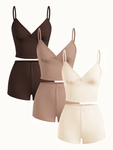 Bonmuse 6pcs/Pack Women Solid Color Comfortable Spaghetti Strap Top & Shorts Pajama Setfor Summer - Multicolor - View 1