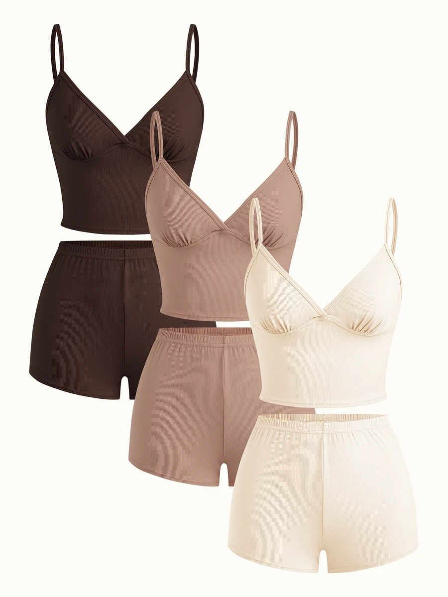 Bonmuse 6pcs/Pack Women Solid Color Comfortable Spaghetti Strap Top & Shorts Pajama Setfor Summer - Multicolor - View 1