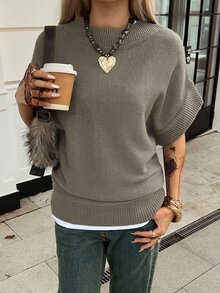 Livesso Women's Winter Grey V-Neck Sleeveless Solid Color Loose Ribbed Knit Casual Versatile Sweater Vest - Grey - View 3