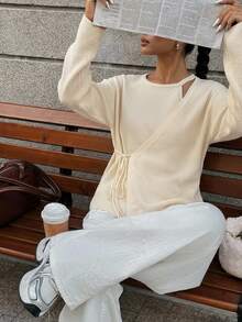Strévra Women's Winter Beige Round Neck Button Cable Knit Long Sleeve Fitted Ribbed Cardigan - Beige - View 7