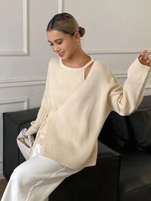 Strévra Women's Winter Beige Round Neck Button Cable Knit Long Sleeve Fitted Ribbed Cardigan - Beige - View 6