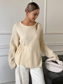 Strévra Women's Winter Beige Round Neck Button Cable Knit Long Sleeve Fitted Ribbed Cardigan - Beige - View 4