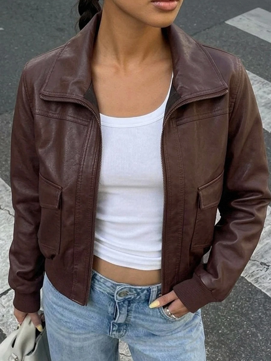 Livesso Women's Casual Fashion Pocket Zipper Jacket Coat, Autumn/Winter - Brown - View 1