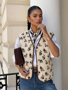 Livesso Women's Autumn/Winter Casual Ditsy Floral Sleeveless Jacket - Beige - View 7