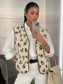 Livesso Women's Autumn/Winter Casual Ditsy Floral Sleeveless Jacket - Beige - View 8