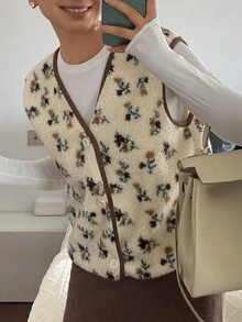 Livesso Women's Autumn/Winter Casual Ditsy Floral Sleeveless Jacket - Beige - View 3