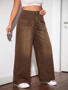 Dripcurv Plus Size Women's Solid Color Fashion Classic Versatile Wide Leg Denim Jeans Fall/Winter Formal Business Chic All-Match Goth Halloween Christmas Festival - Brown - View 7