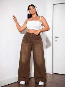 Dripcurv Plus Size Women's Solid Color Fashion Classic Versatile Wide Leg Denim Jeans Fall/Winter Formal Business Chic All-Match Goth Halloween Christmas Festival - Brown - View 2