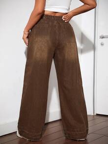Dripcurv Plus Size Women's Solid Color Fashion Classic Versatile Wide Leg Denim Jeans Fall/Winter Formal Business Chic All-Match Goth Halloween Christmas Festival - Brown - View 3