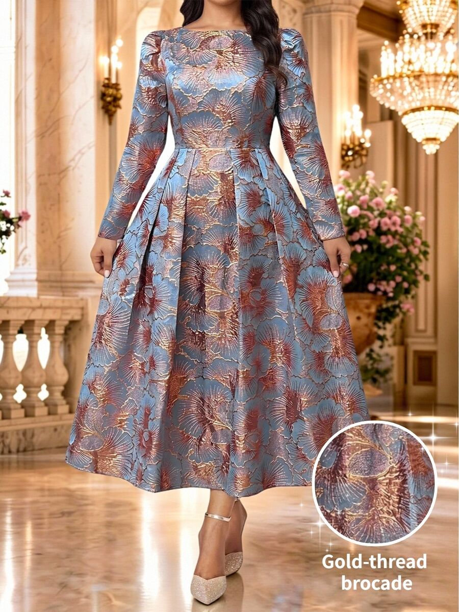 Fleurora Metallic Pleated Long-Sleeve Plus-Size Cocktail Formal Elegant ...