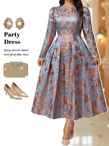 Fleurora Metallic Pleated Long-Sleeve Plus-Size Cocktail Formal Elegant ...