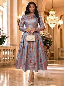 Fleurora Metallic Pleated Long-Sleeve Plus-Size Cocktail Formal Elegant ...