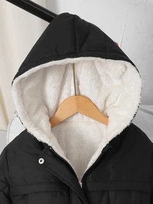 SHEIN 青少年女孩時尚中長款連帽收腰保暖內裡夾克，寬鬆版型，舒適適合日常通勤、外出、聚會與拍照 - 黑色 - 查看 7