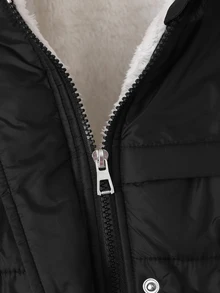 SHEIN 青少年女孩時尚中長款連帽收腰保暖內裡夾克，寬鬆版型，舒適適合日常通勤、外出、聚會與拍照 - 黑色 - 查看 6