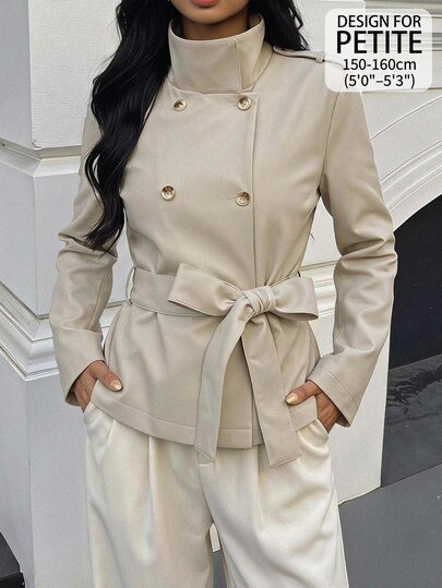 SHEIN PETITE Damns avslappnad dubbelknäppt trenchcoat med bälte för hösten