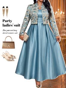 Fleurora Plus Size Elegant Satin Cami Dress With Jacquard Cardigan 2 Pieces Set Fall - Multicolor - View 8
